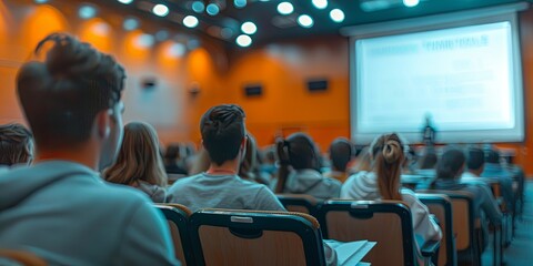 Wall Mural - A defocused image capturing the atmosphere of a seminar room with people attending lectures and educational sessions