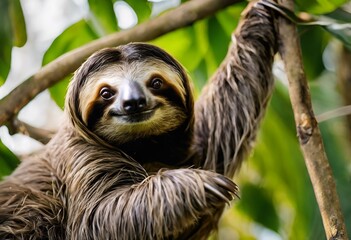 Sticker - AI generated illustration of a baby sloth clings to a tree branch in the forest