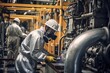 Workers in protective suits with respirators disassemble parts of equipment for production