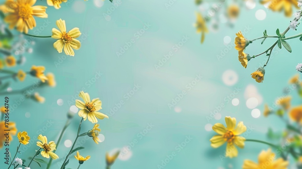 Colorful flowers and branches on a light blue background - yellow and ...