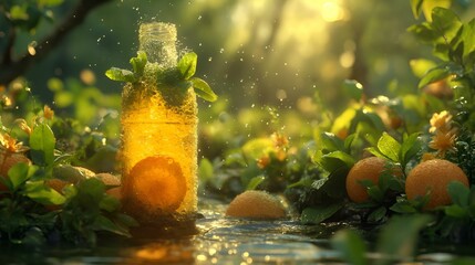 Poster - an orange is covered in some water near bushes and trees