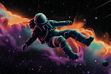 Wall Mural - An astronaut floats through a vibrant cosmic nebula surrounded by stars and celestial phenomena, capturing the vastness of space and the mystery of the universe