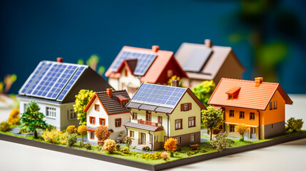 Miniature model residential, townhouse, downtown buildings install solar panels cells on the roof. Renewable solar wind power concept	