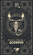 Zodiac sign Scorpio, vintage card with symbols and dates. Mystical black card with realistic hand drawing, astrology vector illustration, horoscope, fortune telling.