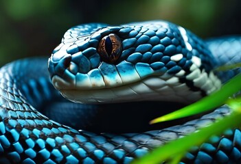 Wall Mural - AI generated illustration of a blue snake with white stripes coiled in grass