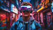 Future digital technology metaverse game and entertainment, A man having fun play VR virtual reality goggle, sport game 3D cyber space futuristic neon colorful background