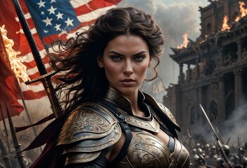 Wall Mural - A woman in armor stands in a field next to the American flag