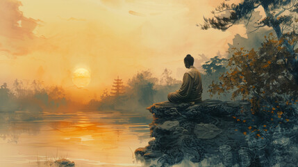 Wall Mural - A man sits on a rock overlooking a body of water with a sunset in the background