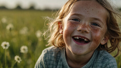 Canvas Print - a little girl smiles and laughs in a grassy field of weeds