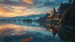 AI-generated illustration of the stunning sunset reflected in water by a lake with a grand pagoda