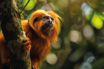 Sticker - AI-generated illustration of a golden lion tamarin on a tree