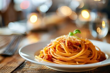 Poster - a plate with some pasta sitting on a table with water