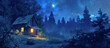 Night landscape with a starry sky and a small cabin in the forest