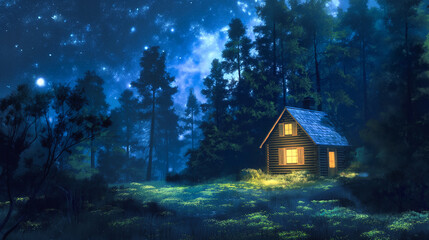 Wall Mural - night landscape with a starry sky and a small cabin in the forest