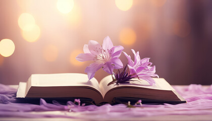 Sticker - A flower is on the pages of an open book