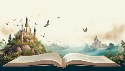 Sticker - A book is open to a page with a castle and birds flying around it