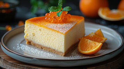 Wall Mural -  Burnt orange cheesecake is placed on a plate and orange marmalade is used to decorate the plate. 
