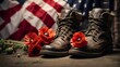 Poppy flowers, old combat boots in front of the American flag, for memorial