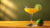 Fototapeta  - Minimalist margarita glass with lime wedge perfect for Summer drink menus and backgrounds