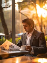 A young Indian entrepreneur enjoying coffee and perusing a newspaper at a cafe, with a modern office building and radiant sunlight in the backdrop.