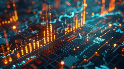 Poster - A business chart made in a 3d style with various cryptocurrency symbols scattered around   AI generated illustration