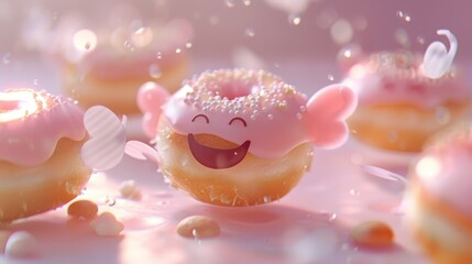 Wall Mural - A batch of smiling donuts with tiny wings fluttering   AI generated illustration