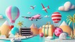 Vibrant and abstract travel elements in a surreal landscape 3d style isolated flying objects memphis style 3d render   AI generated illustration