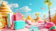 Vibrant and abstract travel elements in a surreal landscape 3d style isolated flying objects memphis style 3d render  AI generated illustration