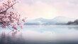 A serene lake with a pink tree in the foreground