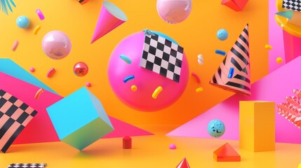 Poster - Vibrant colors popping in a Memphis-inspired 3d render 3d style isolated flying objects memphis style 3d render   AI generated illustration