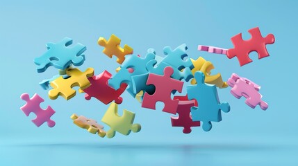 Poster - Vibrant puzzle pieces floating in midair 3d style isolated flying objects memphis style 3d render   AI generated illustration