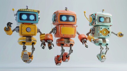 Poster - Vintage-inspired toy robots with a futuristic twist 3d style isolated flying objects memphis style 3d render   AI generated illustration