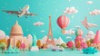 Whimsical 3d illustrations of imaginary travel destinations 3d style isolated flying objects memphis style 3d render   AI generated illustration
