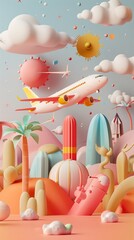 Poster - Whimsical 3d illustrations of imaginary travel destinations 3d style isolated flying objects memphis style 3d render   AI generated illustration