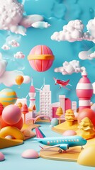 Poster - Whimsical 3d illustrations of imaginary travel destinations 3d style isolated flying objects memphis style 3d render   AI generated illustration