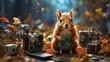 {An artistic interpretation of an inquisitive squirrel exploring a whimsical scene filled with miniature robots scattered among electronic waste in an autumnal environment. The artwork blends realism 