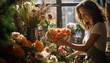 A woman is arranging flowers in a shop