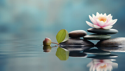 Sticker - A white flower is on top of a pile of rocks in a body of water