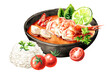 Bowl of Asian soup Tom Yum with shrimps. Hand drawn watercolor illustration, isolated on white background