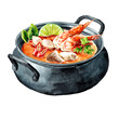 Pan of Asian soup Tom Yum with seafood. Hand drawn watercolor illustration, isolated on white background