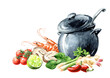 Pan of Asian soup Tom Yum and cooking ingredients. Hand drawn watercolor illustration, isolated on white background