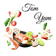 Asian soup Tom Yum with flying ingredients.  Hand drawn watercolor illustration, isolated on white background