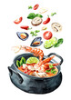 Asian soup Tom Yum with ingredients, falling into the cooking pan. Hand drawn watercolor illustration, isolated on white background