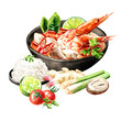 Asian soup Tom Yum with shrimps, Hand drawn  watercolor illustration, isolated on white background