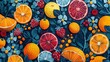 A colorful pattern of citrus fruits and berries with a dark blue background.