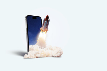 Fototapete - Space rocket takes off from mobile device with smoke, creative idea. Application and optimization, concept. Acceleration and successful startup. Launch