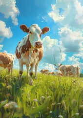 Wall Mural - Beautiful adult cows on a green meadow on a sunny day.