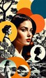 Abstract contemporary modern pop art collage of woman portrait made of various and colorful geometric shapes and paint strokes. Fine art. Beauty retro fashion concept.