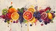 A watercolor painting of a variety of fruits, including oranges, lemons, limes, grapes, strawberries, blueberries, and raspberries. The fruits are arranged in a row and painted in a realistic style. T