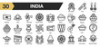 © spacepixel - Set of 30 india icon set. Includes flute, drum, mat, oil lamp, lotus, laddu, tea, spices, and More. Outline icons vector collection.